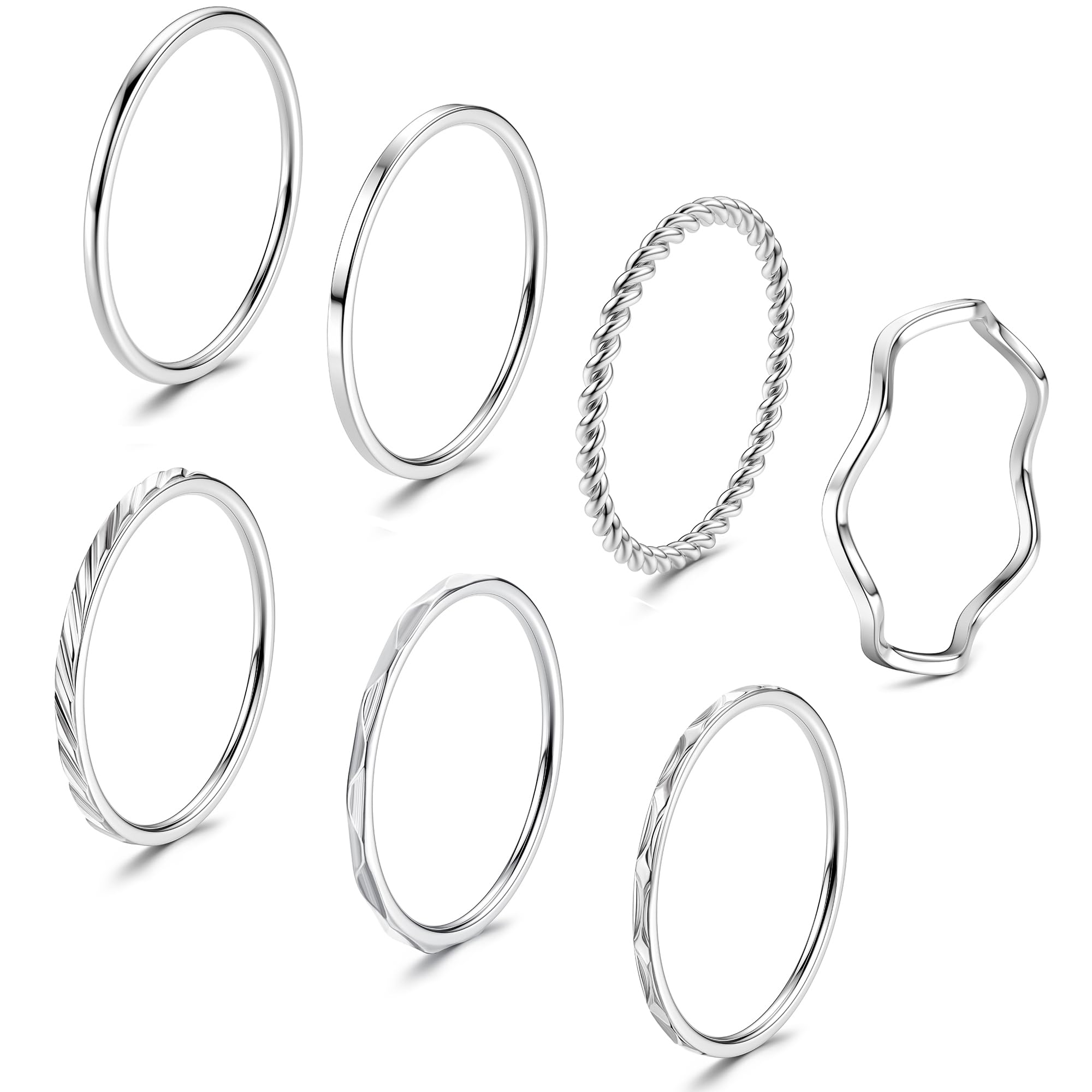 JeweBella 7 Piezas Anillos Mujeres Acero Inoxidable 1MM Delgado Nudillo Anillo Midi Twist Anillo Plata Apilable Minimalista Pulgar Banda Anillo Set para Mujeres Niñas