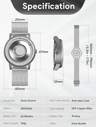 EUTOUR Magnetic Watches for Men 5ATM 40MM Specular Dial Quartz Magnet Watch with Ball Bearings and Mesh Steel Watch Bands Ideas for Men Unique Men's Wrist Analog Watches Silver