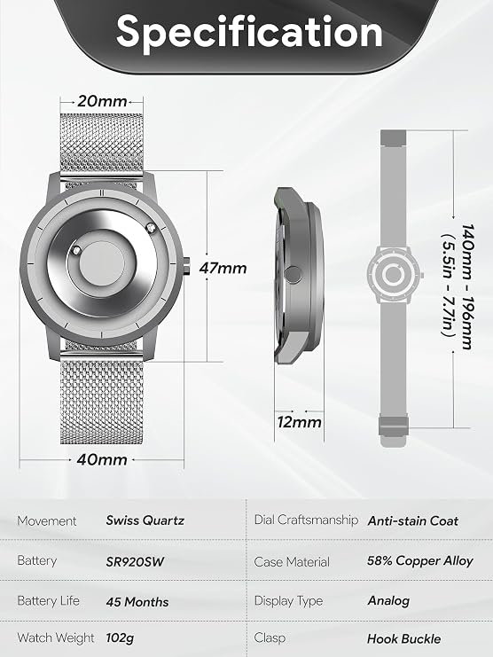 EUTOUR Magnetic Watches for Men 5ATM 40MM Specular Dial Quartz Magnet Watch with Ball Bearings and Mesh Steel Watch Bands Ideas for Men Unique Men's Wrist Analog Watches Silver
