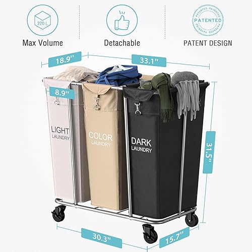Miniatura 7 de PLKOW Clasificador de lavandería de 3 secciones, carrito de lavandería grande de 220 litros con ruedas, 3 cestas clasificadoras de ropa con marco de