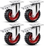 5 Inch Caster Wheels with Safety Dual Locking and Rubber Tire Wheels, Heavy Duty - 600 Lbs Per Caster for Workbench, Cart, Trolley, Dolly, Cabinet, Compact Rubber Castor Wheels, 4-Packs(Red)