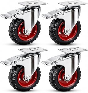 5 Inch Caster Wheels with Safety Dual Locking and Rubber Tire Wheels, Heavy Duty - 600 Lbs Per Caster for Workbench, Cart, Trolley, Dolly, Cabinet, Compact Rubber Castor Wheels, 4-Packs（Red）