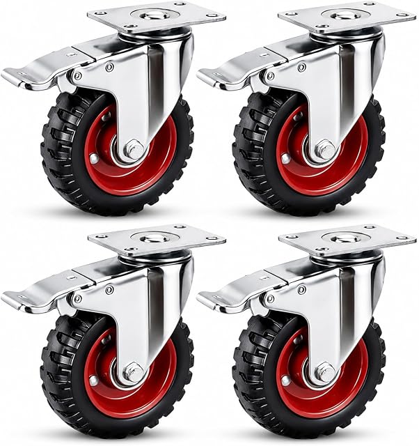 5 Inch Caster Wheels with Safety Dual Locking and Rubber Tire Wheels, Heavy Duty - 600 Lbs Per Caster for Workbench, Cart, Trolley, Dolly, Cabinet, Compact Rubber Castor Wheels, 4-Packs(Red)