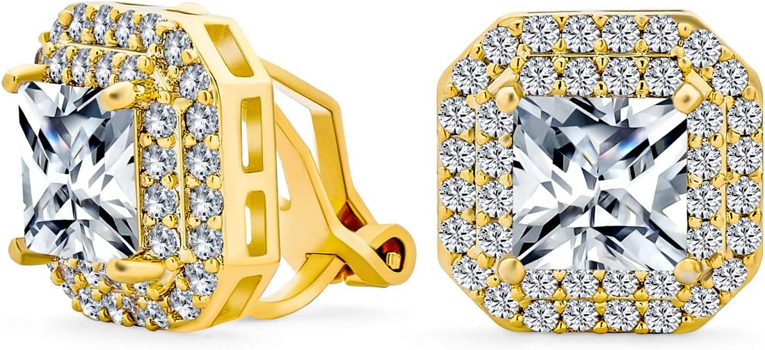 Traditional Classic Fashion Formal Holiday Party Bridal Square Princess Cut Clear Cubic Zirconia Pave Halo AAA CZ Stud Clip On Earrings For Women Wedding Non Pierced Ear Yellow 14K Gold Plated