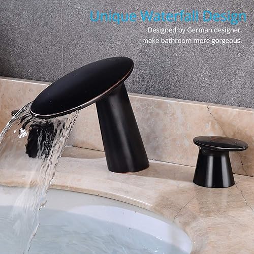 Miniatura 2 de Wovier Grifo de lavabo de baño de cascada negro mate, grifo de lavabo de latón de dos manijas y tres agujeros, grifo mezclador de lavabo de 8 a 16
