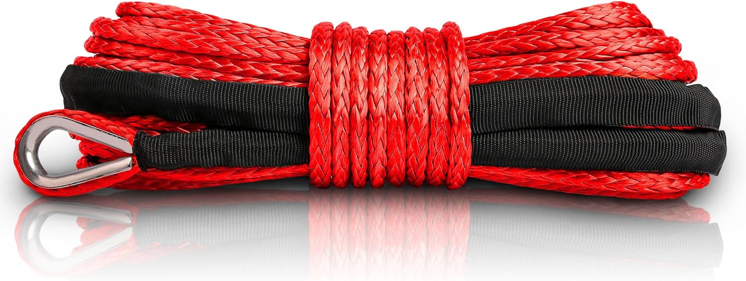 XPV SK75 1/4" x 50‘ Dyneema Synthetic Winch Rope Cable with Black Protecting Sleeve for SUV ATV UTV Vehicle Boat Car （10000LBS）（Red）
