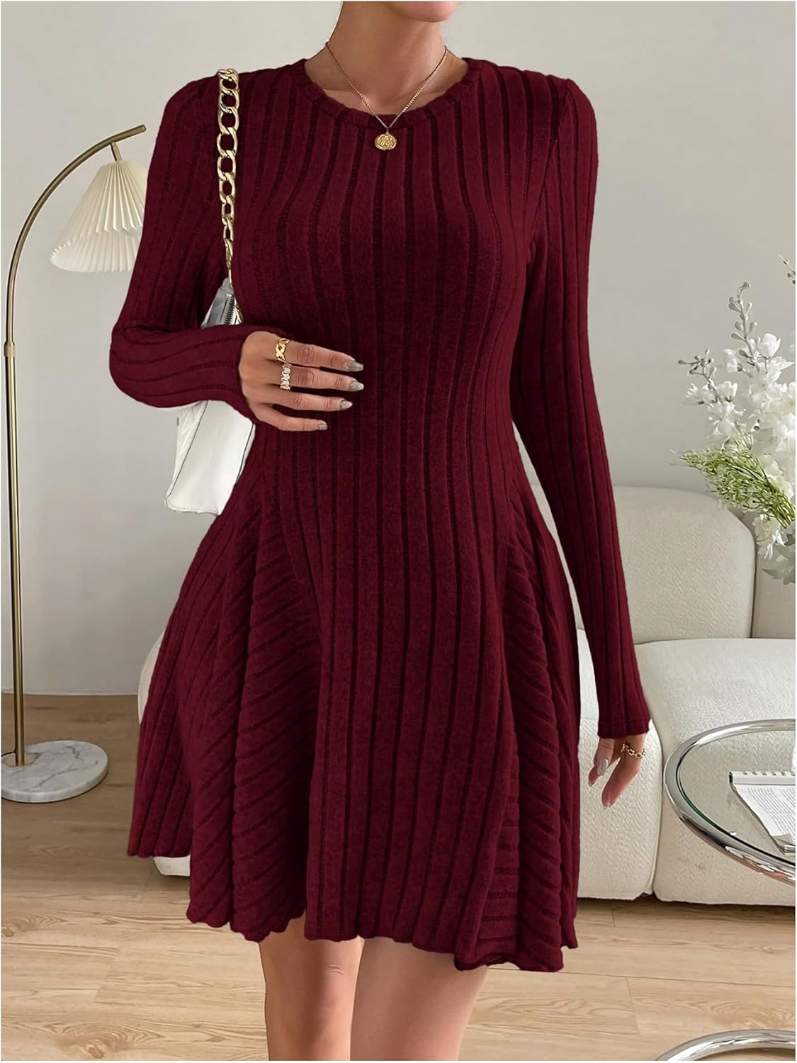 Milumia Women's Long Sleeve Knit Sweater Dress Crewneck Ruffle A Line Casual Fall Short Dresses - Image 4