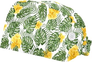 Tropical Green Leaf 2 Pack Adjustable Working Cap with Buttons Elastic Bouffant Hats Head Scarf with Sweatband for Women Men