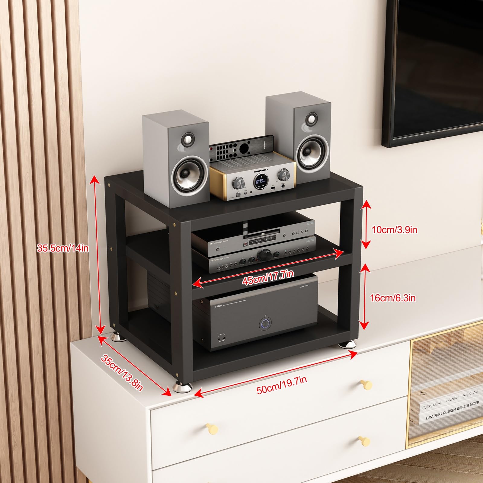 Meuble HiFi Support Acier Rangement Ouvert 35.5cm Noir pour Audio Vidéo DVD Console Jeu Amplificateur