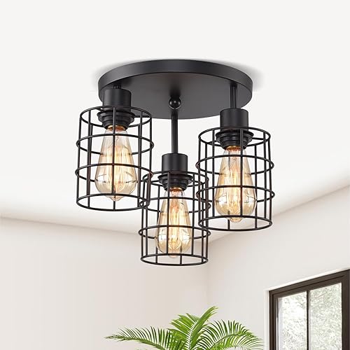 Miniatura 12 de Lámpara de techo industrial de 3 luces, lámpara de techo de jaula de hierro, 3 lámparas cerca del techo, lámpara moderna para dormitorio, entrada,