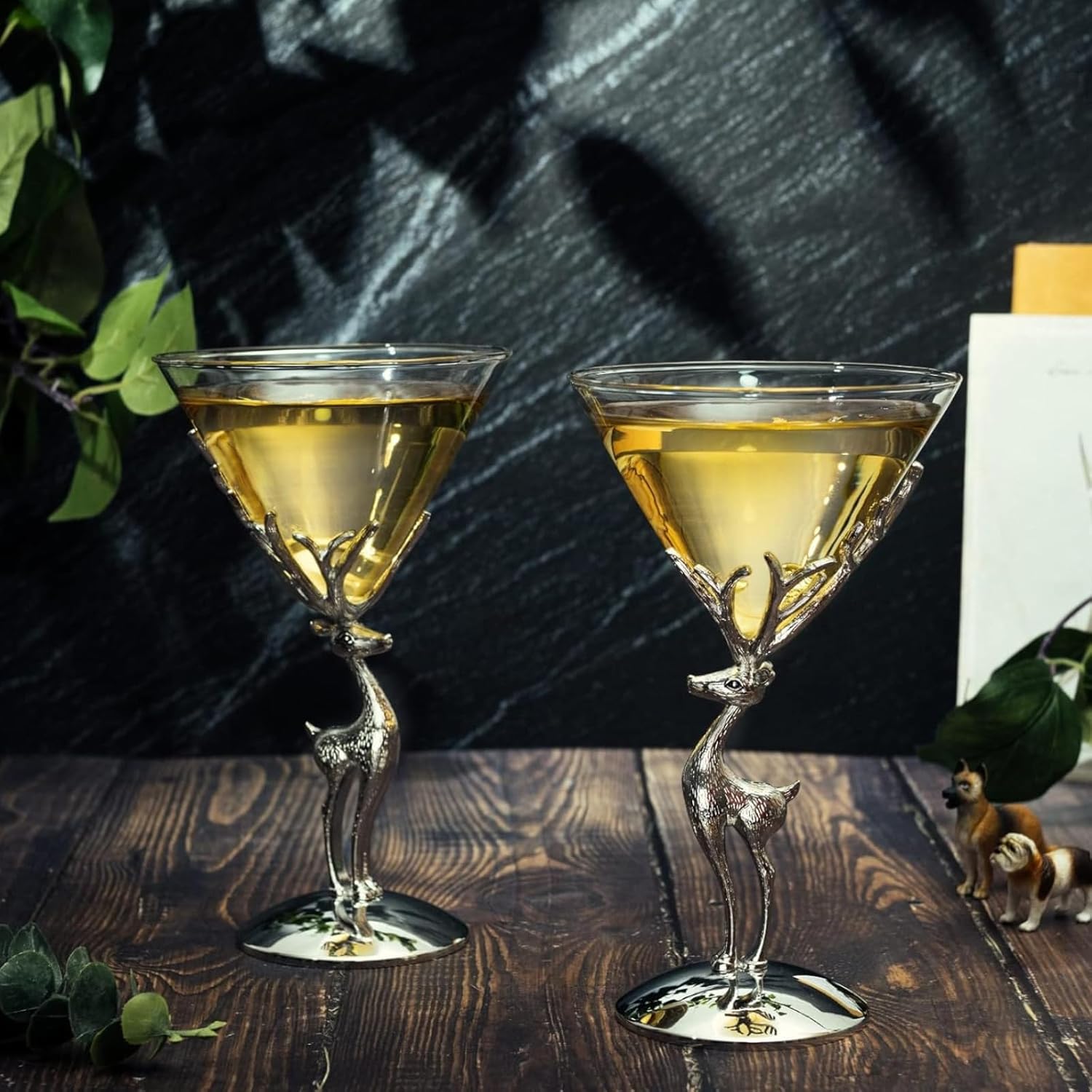 Stag Antler Martini & Cocktail Glasses - 2 Set - Chrome Deer Design Elegant Animal Inspired Barware, Everyday, Wedding, Themed Parties Rustic Decor Lover Gifts, Unique Drinking Perfect Entertaining