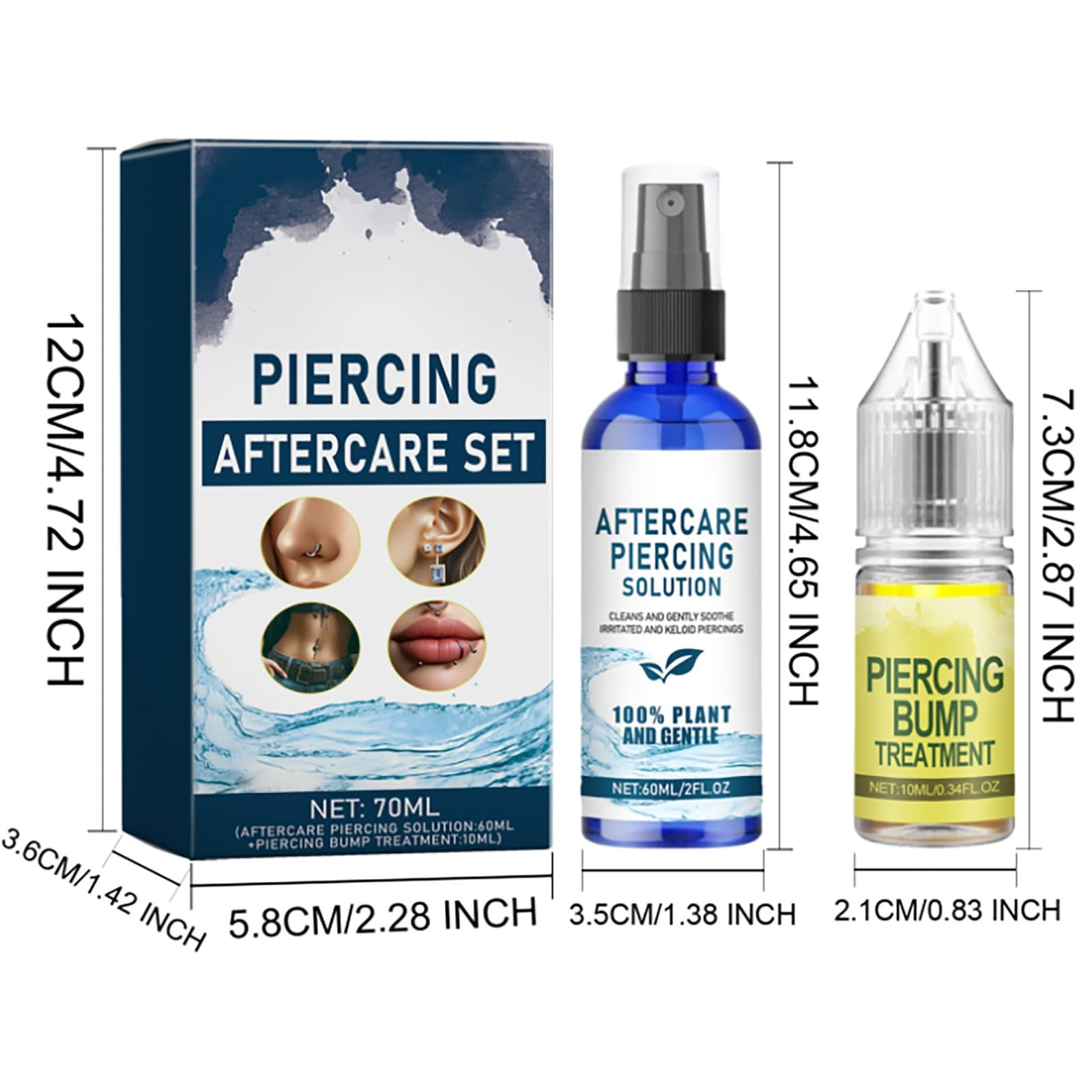 Piercing-Set, die Beschwerden von Ohrpiercing, Ohrpiercing-Lösung, 60 ml + Piercing-Bump-Lösung, 10 ml Ohr-Licht-Plektrum