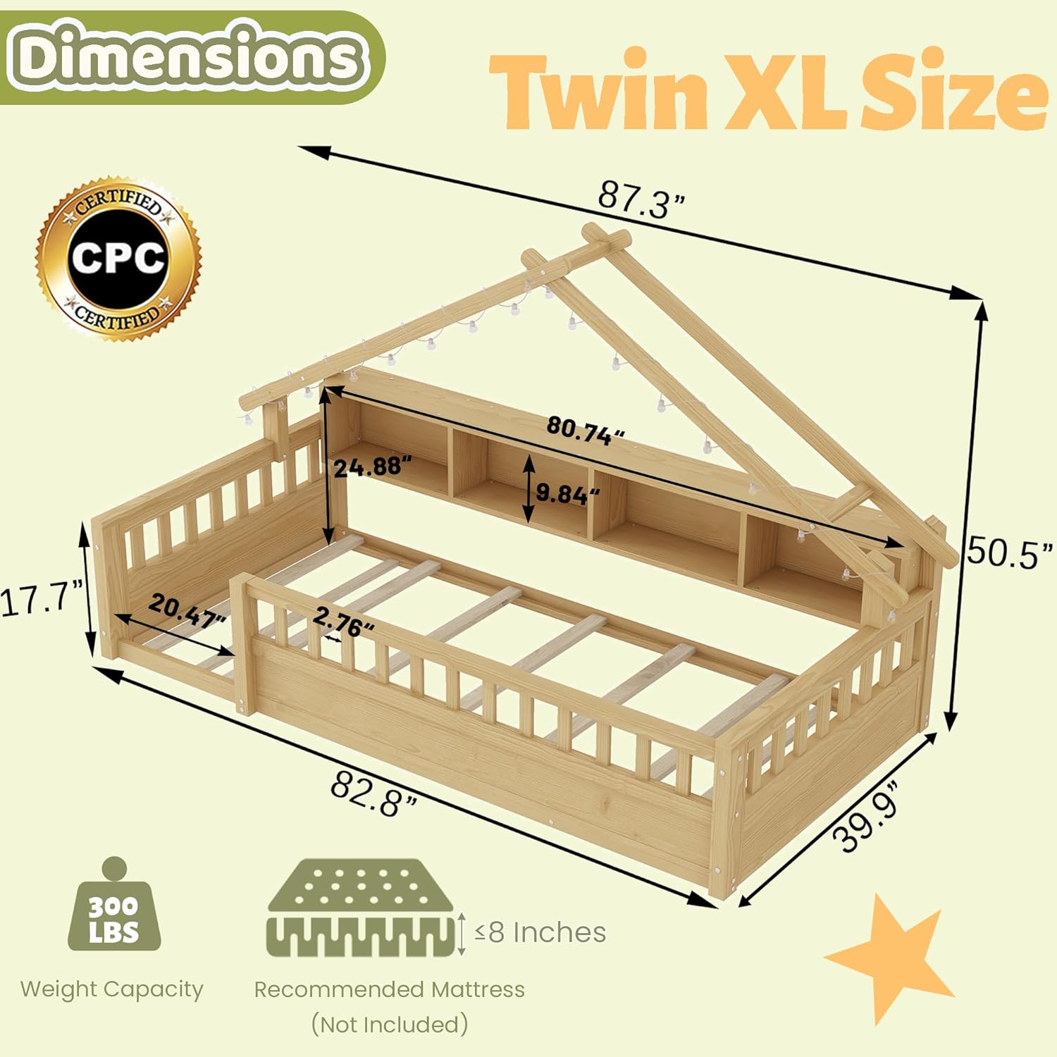 Diagram showing the dimensions of the Twin XL floor bed: 87.3 inches long, 39.9 inches wide, 50.5 inches high, with guardrail height of 17.7 inches.