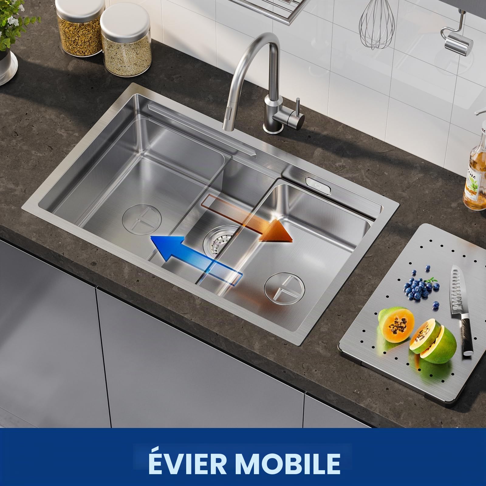 CECIPA Évier de cuisine en acier inoxydable 70 x 44 cm avec planche à découper, évier intérieur de rechange, siphon avec garniture de trop-plein, lavabo de cuisine, encastrable sans trou de robinet