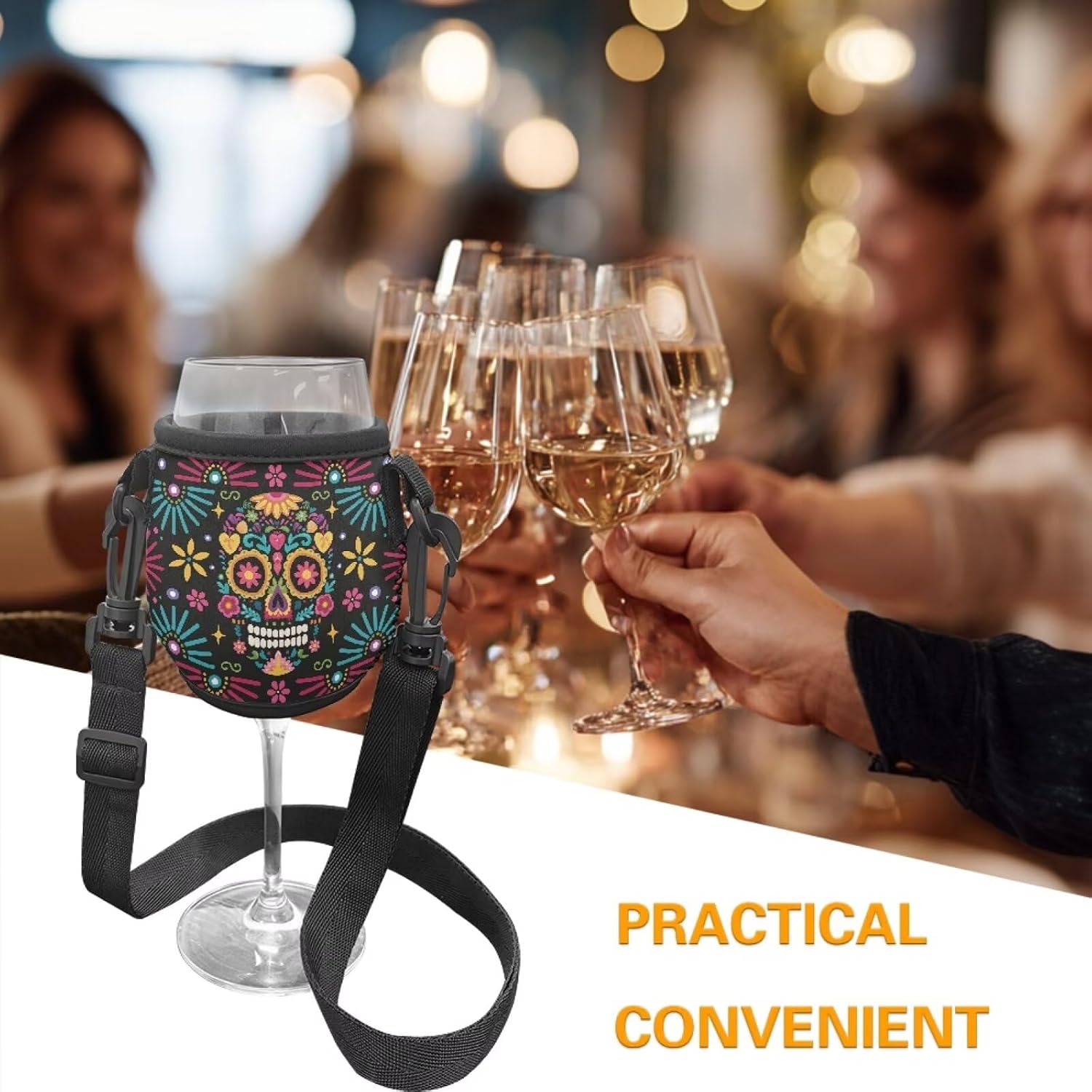 Skull Flower Print Wine Glass Sleeve Large Neoprene Stemless Wine Glass Insulator Lanyard Hand Free Drink Holder with Neck Strap for Cocktail Festival