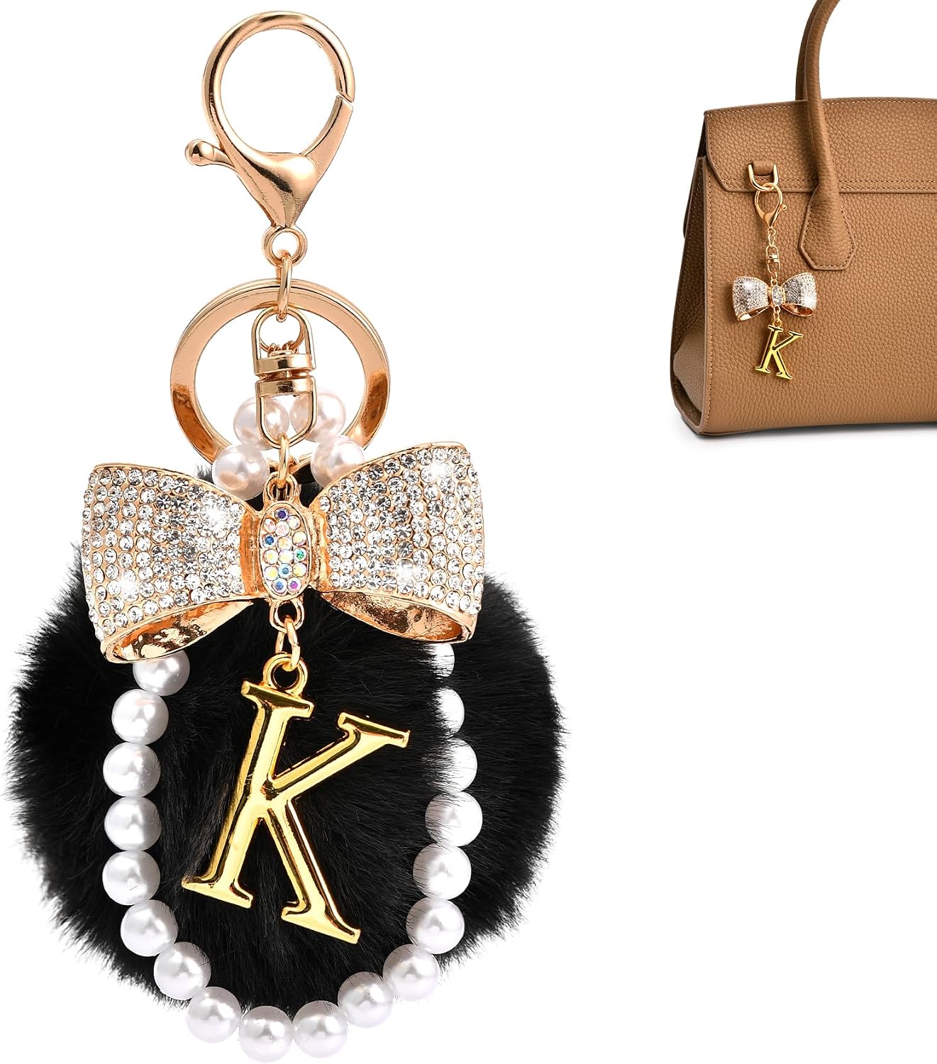 Gold Initial Keychain with Rhinestone Bow & Black Pom Pom, Cute Letter Bag Charm for Women Purse and Car Keys