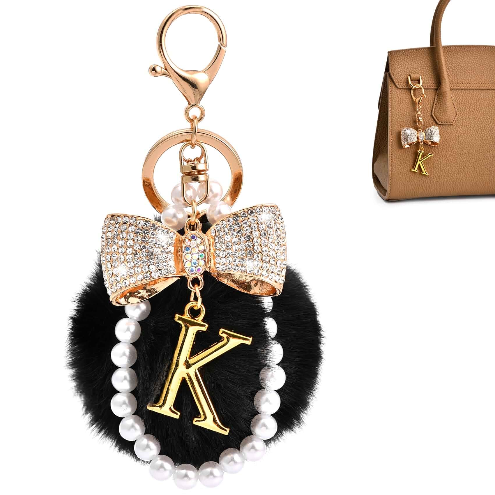 HONYJOOM Gold Initial Keychain with Rhinestone Bow & Black Pom Pom, Cute Letter Bag Charm for Women Purse and Car Keys