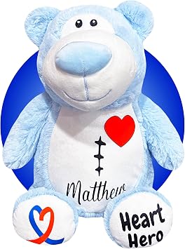 Get Well Gifts for After Heart Surgery - Personalized 17" Teddy Bear - Post Heart Surgery Present - Custom Scar Buddy - Heart Warrior Stuffed Animal - Surgery Recovery Gifts Blue Teddy Bear