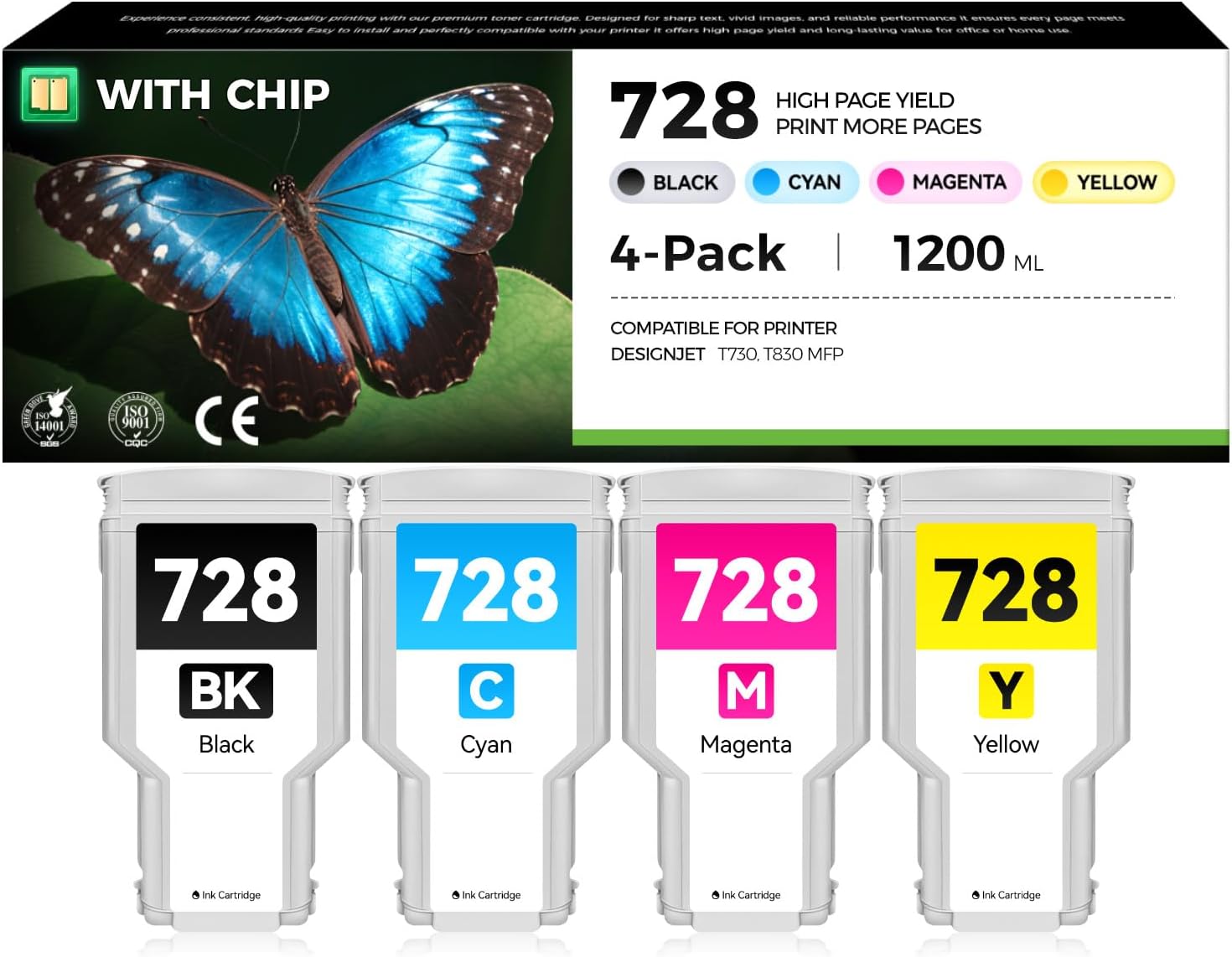 728 728XXL Ink Cartridge 300ml 4-Pack High Yield Replacement for HP 728 F9J68A F9K17A F9K16A F9K15A Compatible with DesignJet T830 MFP T730 Large Format Plotter Printer Matte Black Cyan Magenta Yellow