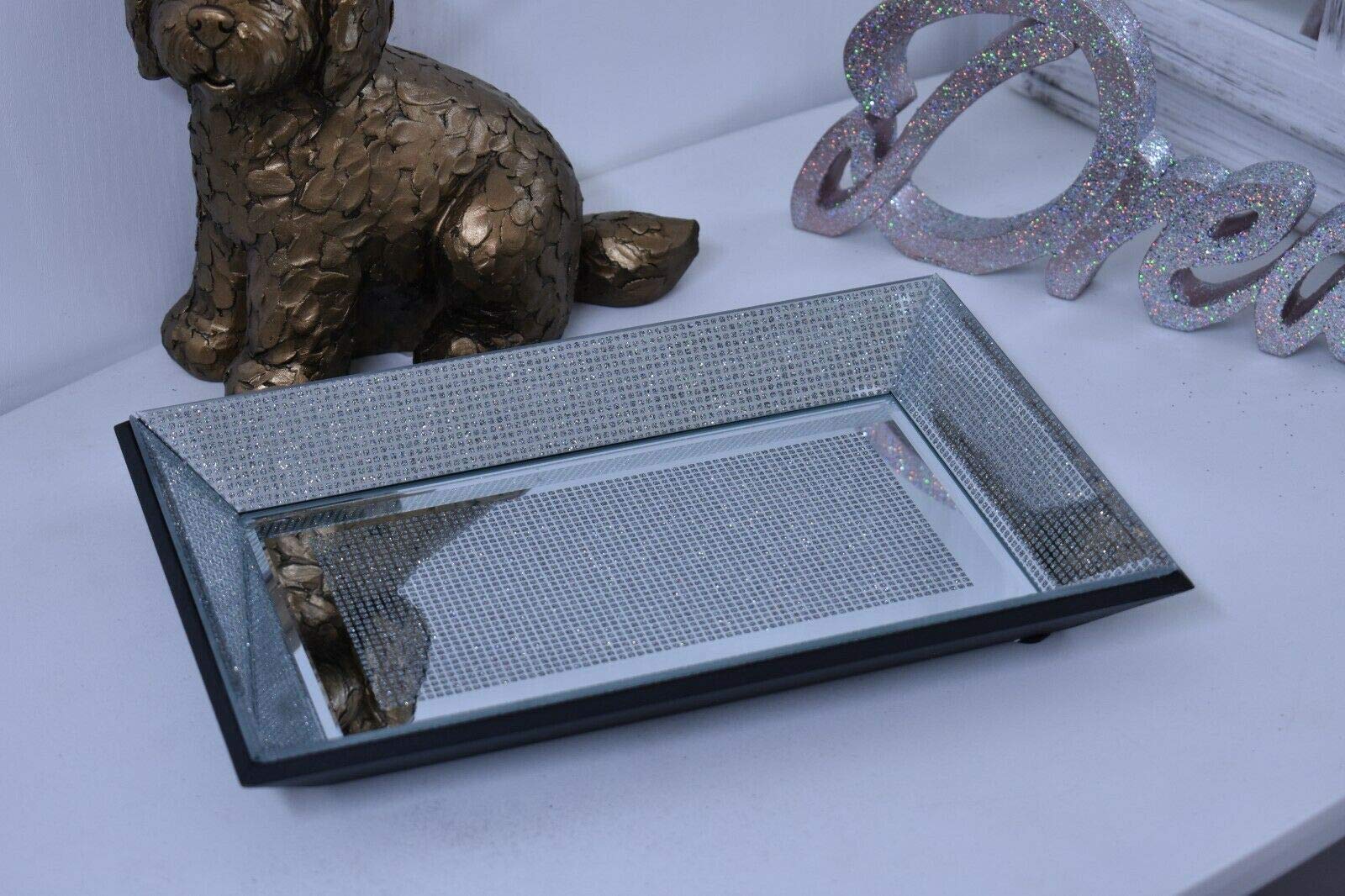 Deenz Silver 30X20cm New Glitter Plate Diamante Mirror Candle Plate Mirrored Tray Plate Home Décor Eye Catching Lovely Display