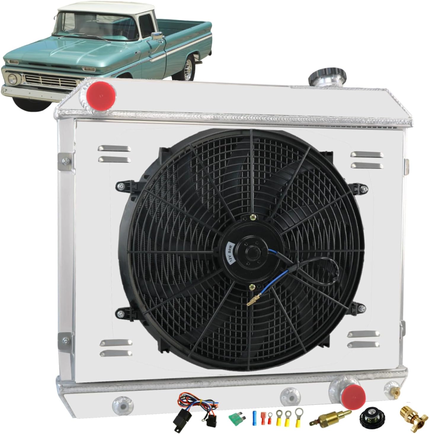 3 Row Aluminum Radiator Shroud Fan for 1963-1966 Chevy C/K C10 C20 C30 K10 K20 Pickup Truck 1964 1965