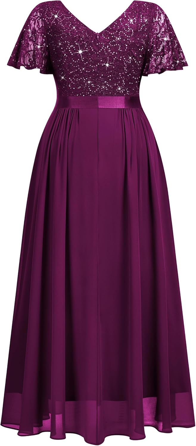 MISSMAY Women's Plus Size Wrap V Neck Sequins Lace Contrast Chiffon Formal Maxi Dress with Rhinestone Ribbon Waist - Image 6