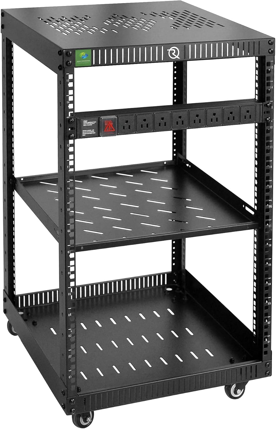 RIVECO 15U Network Rack with Reinforced Top Cover - 4 Post Floor Rack on Wheels for 19" Equipment & Stereo Gear- Including Rack Mount Power Strip & 1PCS 1U Rack Shelf