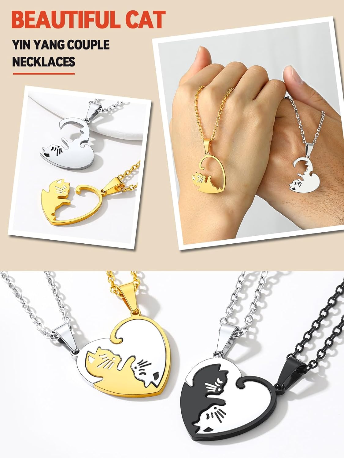FaithHeart Cat Matching Puzzle Necklace for Couples Bff Heart Pendant with 22inch Black Braided Leather Chain Friendship 2 Cat Matching Necklaces with Gift Box