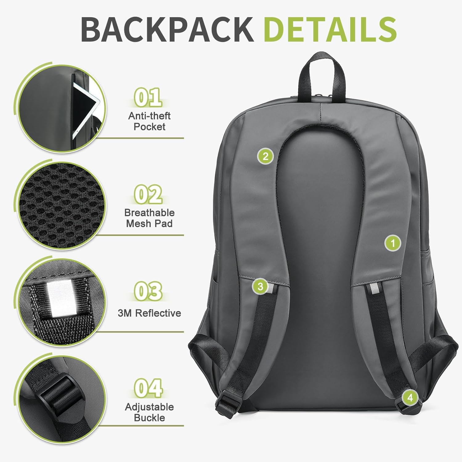 Travel Laptop Backpack, Anti-Theft Carry On Backpack Professional, TSA-Approved Water-Resistant Rucksack for Work Men Women Fits 16 Inch Notebook, Grey - Image 5