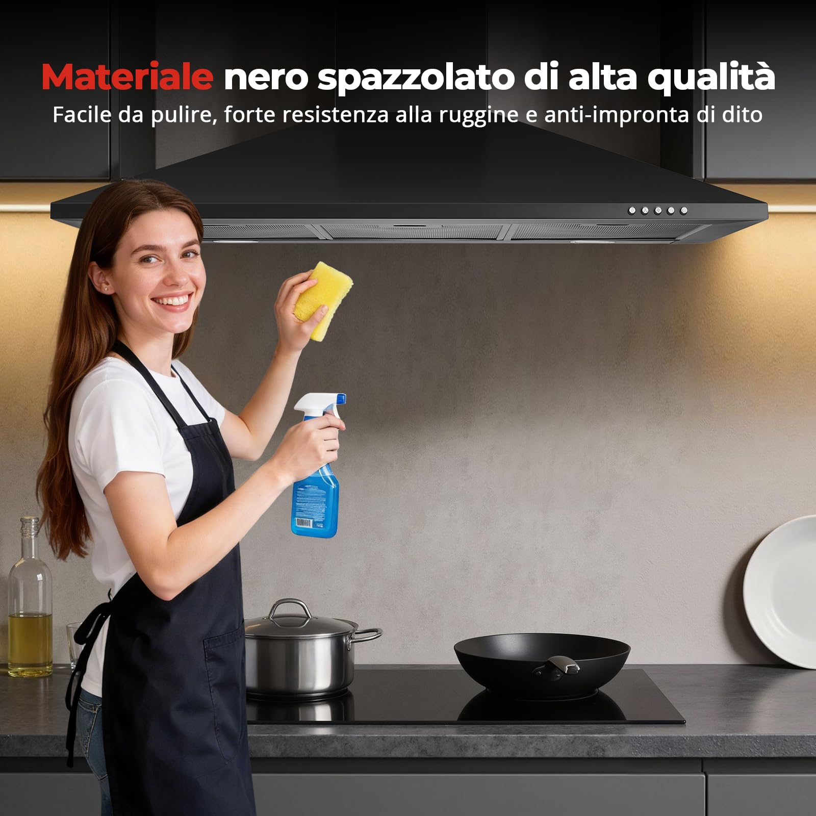 SNDOAS Cappa Cucina 90cm Nero, A+++ Cappa Aspirante con LED, Scarico/Ricircolo, 450 m³/h Cappa 90cm, Filtro a Carboni Incluso, 3 Velocità