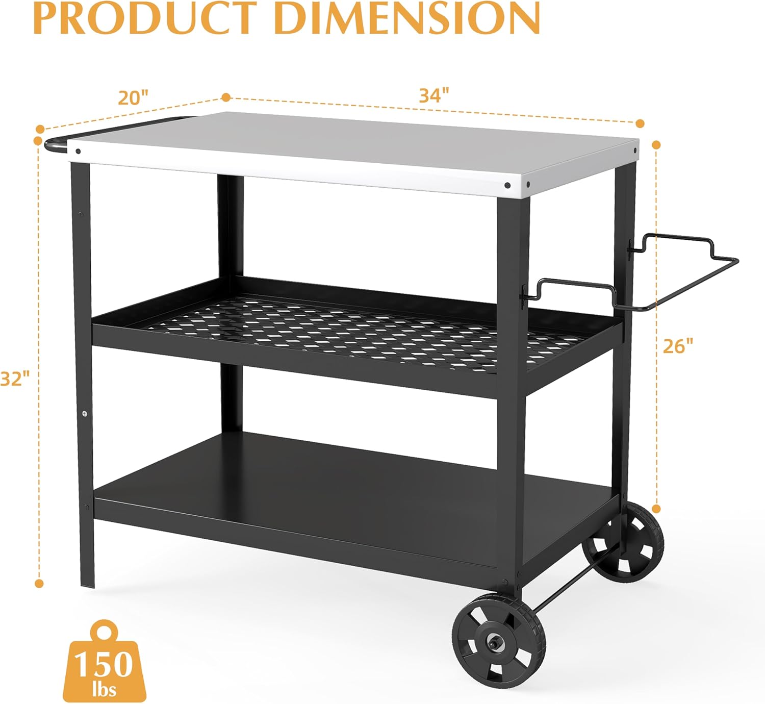 3-Tier Outdoor Grill Table Stainless Steel BBQ Prep Cart with Storage, Rolling Grill Stand for Pizza Oven, Outdoor Kitchen Prep Table with Wheels