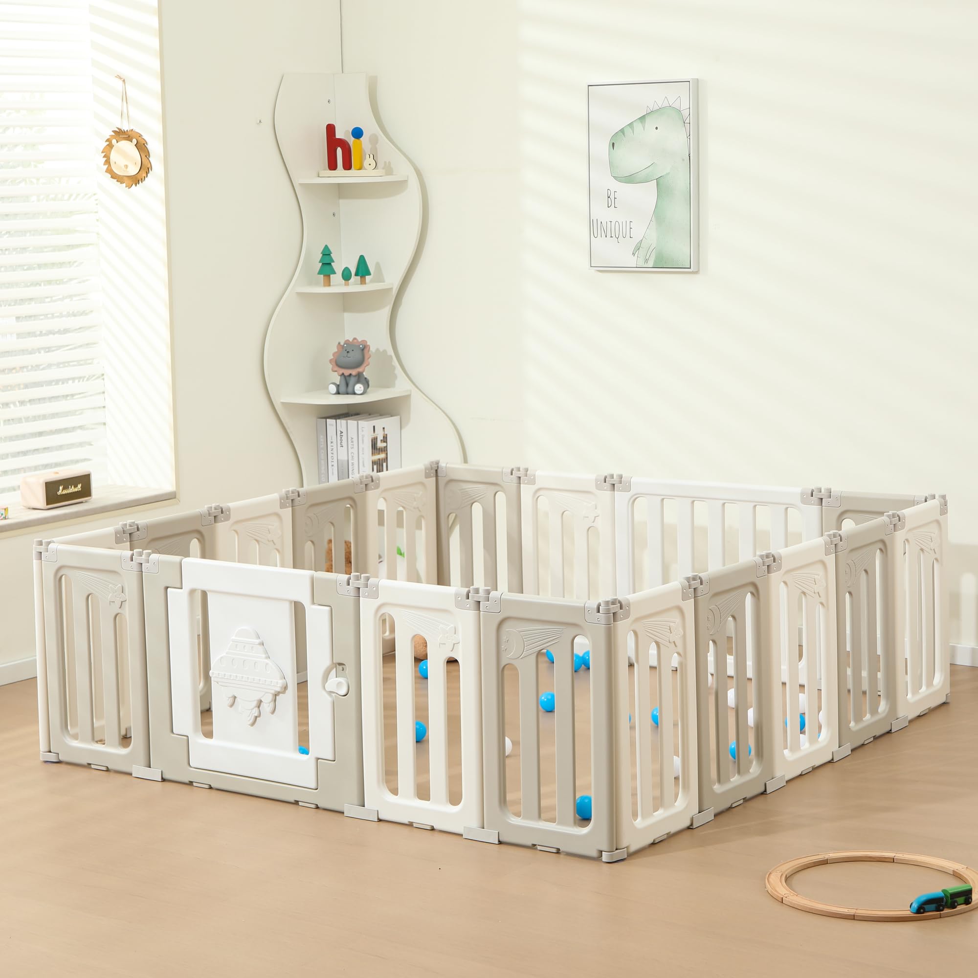 Baby Play Pen, 18 Panels Playpen for Babies and Toddlers, Extra Large Baby Playpen, Foldable UFO Play Pens for Babies and Toddlers, Adjustable Baby Play Yard, Portable Baby Fence - Grey