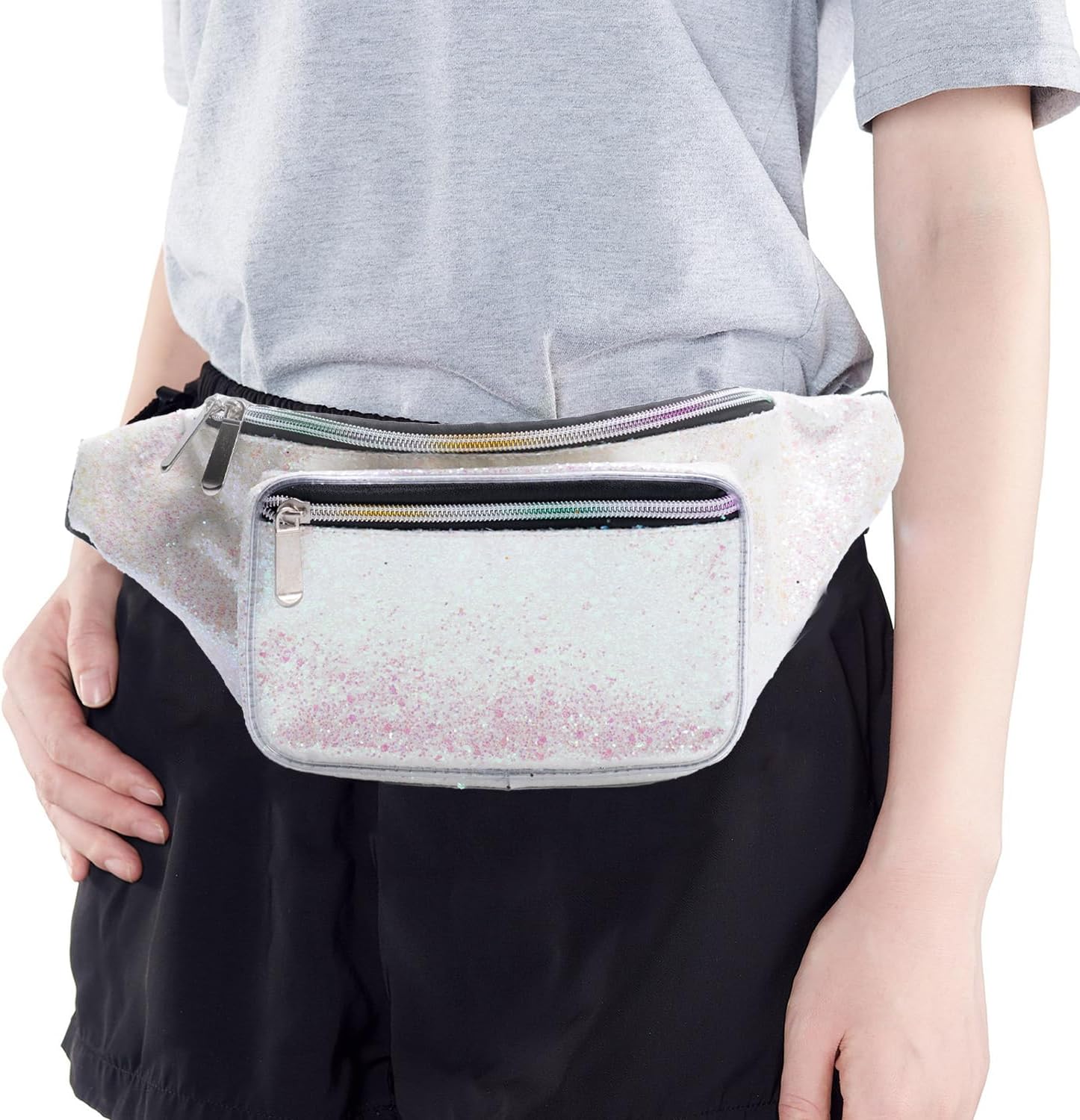Holographic Rave Light Pink Gravel Glitter Fanny Pack For Women Grils Festival Waist Belt Bags -Light Pink Gravel - Image 6