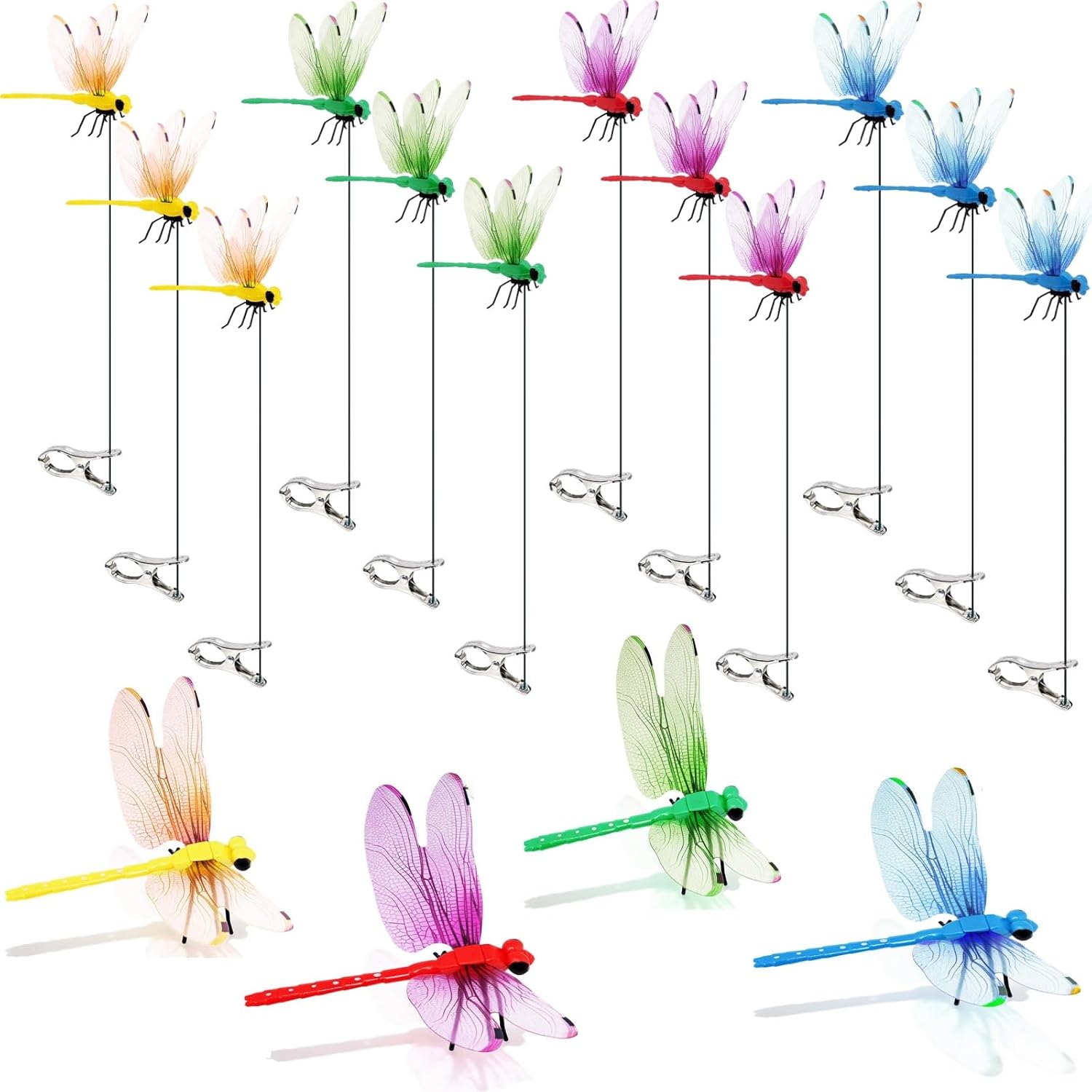 12 Pack Dragonfly Clips for Bugs Repellent, Fake Dragonflies with Stakes, Dragonfly Clip Bug Repellent, Dragon Fly Deterrent Clips for for Yard, Hat, Horse and Deer, Indoor & Outdoor Garden Decor