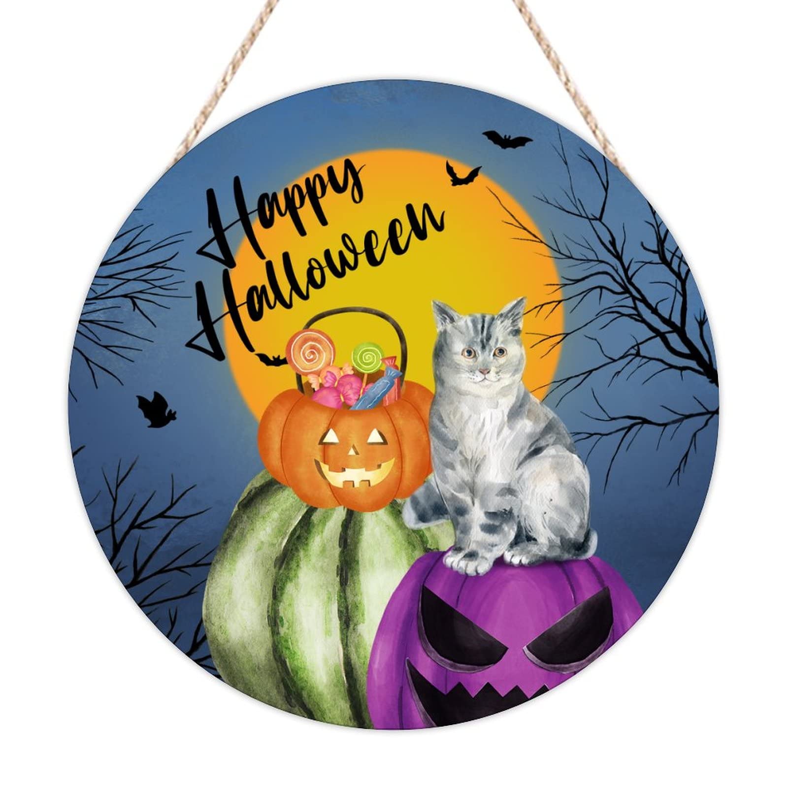 Panneau Halloween citrouille et chat hello pumpkin pour une entrée accueillante et chaleureuse