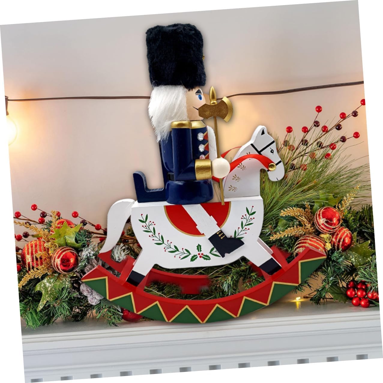 Wooden Christmas Nutcracker Figurine Large Rocking Horse Nutcracker Soldier Tabletop Ornament Blue Holiday Decor for Christmas Party and Home Display