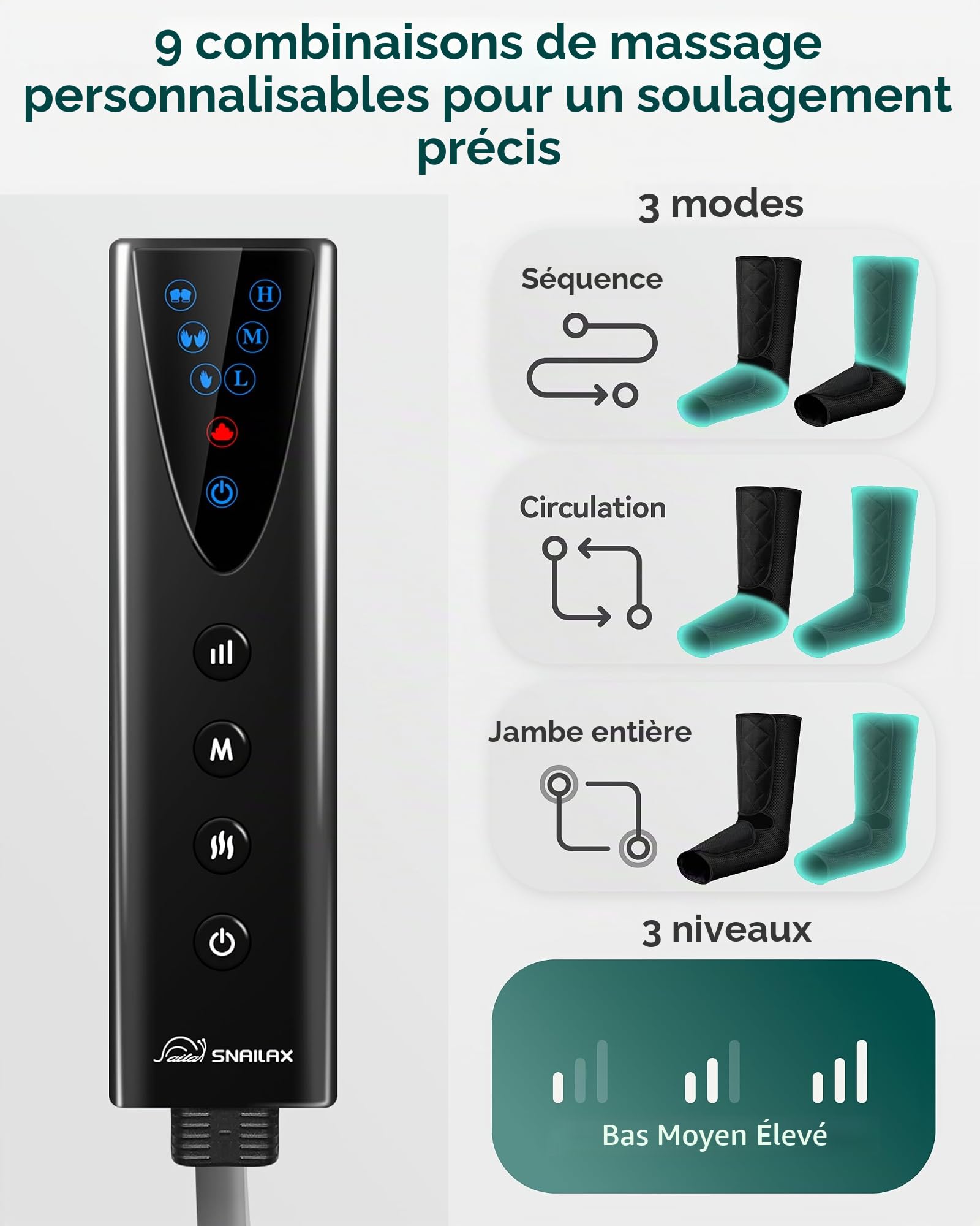 Snailax Appareil de massage pour jambes avec chaleur et compression, 3 modes 3 intensités, massage des mollets et des pieds, télécommande, cadeau pour hommes et femmes