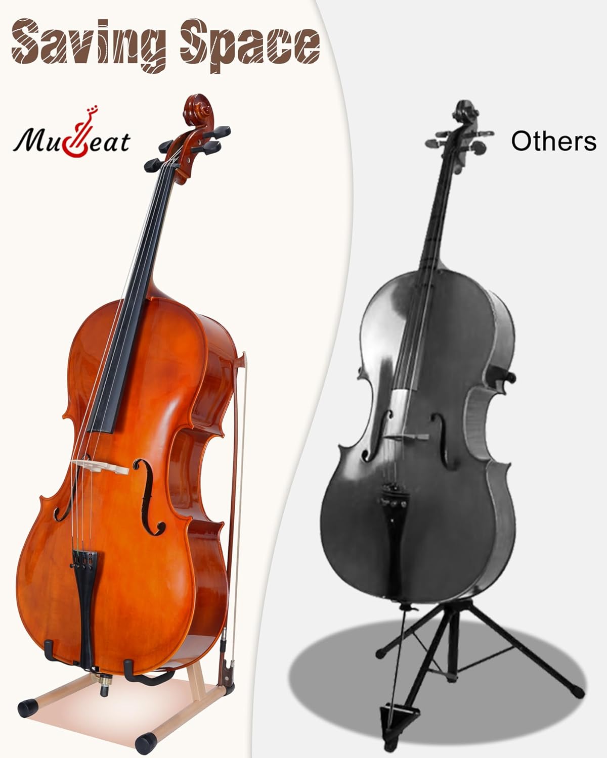 Cello Stand with Bow Holder, Beech Wooden A-Shape Floor Stand with Padded Foam, Handcrafted Cello Rack Fits 1/2, 3/4, 7/8, 4/4 Full-Size and Guitar, Instrument Holder for Home and Studio Display