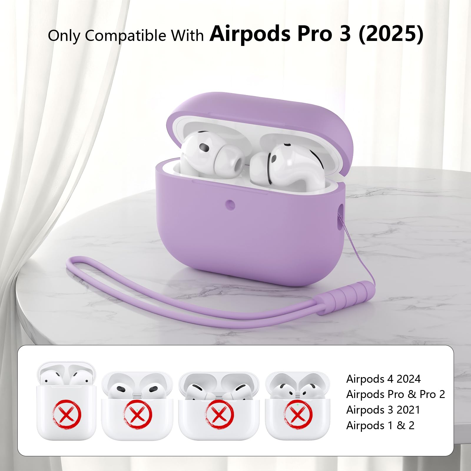 Custodia in Silicone Compatibile con Airpods Pro 3 Generazione Case, Case Cover Protezione Completa in Silicone Morbido per AirPods Pro 3 con Cordino, LED Anteriore Visibile, Lavanda - 2
