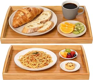 JUPELI 2 Pack Bamboo Serving Trays with Handles - Portable Bed Trays for Breakfast, Dinner, Living Room & Restaurants