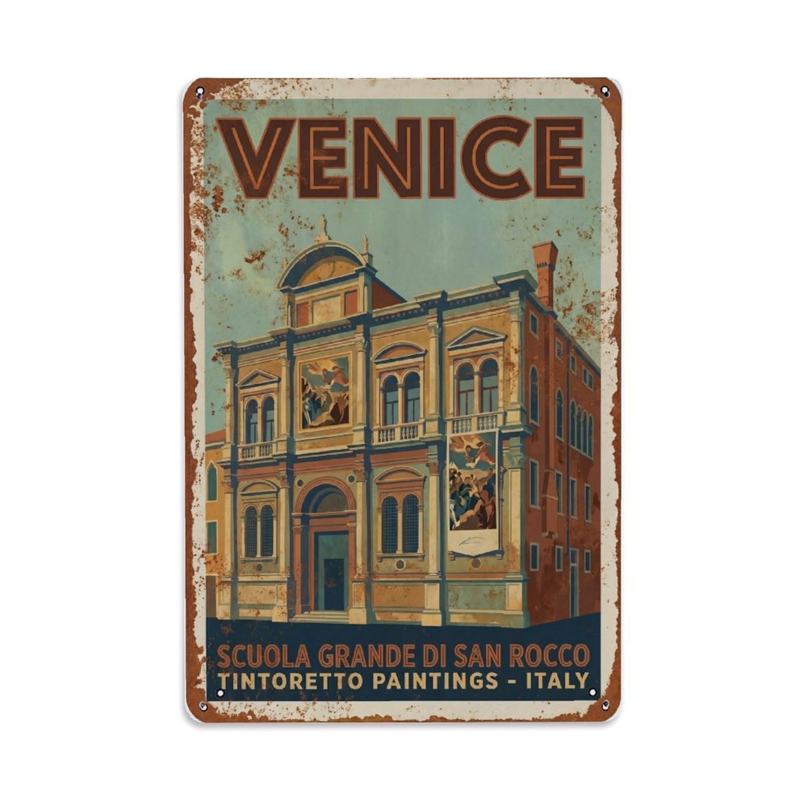 Vintage Travel Venice Scuola Grande San Rocco Renaissance Rusted Italy Metal Tin Sign Plaque Wall Decor for Cafe, Club Bar, Office, Home Garden Metal Poster 8x12Inch