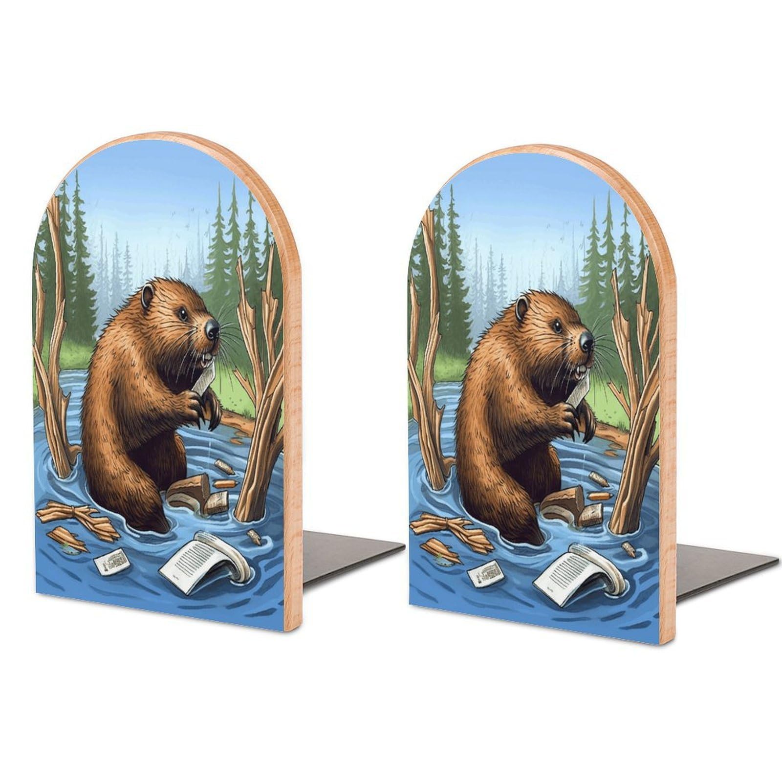 Busy Beaver Cartoon Bookend Wood Book End for Shelves Heavy Duty Non-Slip Wooden Bookend Support Universal Economy Bookends Fancy Modern Decorative Book Accessories 1 Pairs