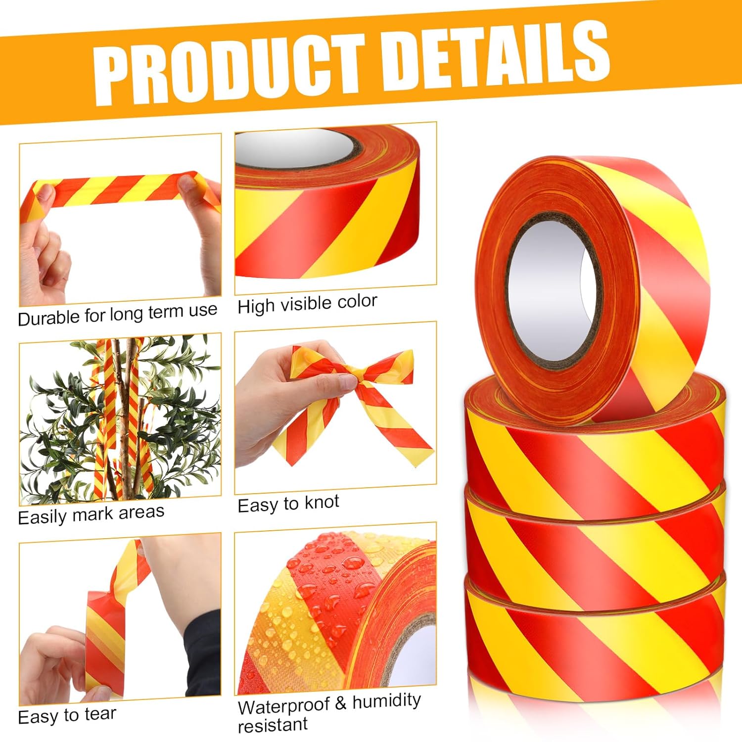 Blosssound 12 Pack Flagging Tape with Yellow Red Stripes 1 inch x 1800ft Marking Ribbon Non Adhesive Plastic Surveyors Tape for Hunting Trail Hazardous Areas Halloween Party Decors