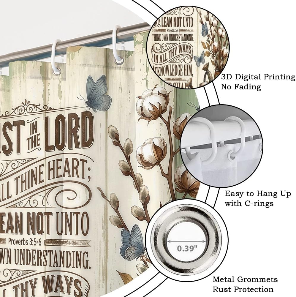 Bible Verse Shower Curtain Blue Butterfly Cotton Retro Iron Pot Classic Inspirational Quote Bath Curtain Christian Scripture Bathtub Curtains Washable Waterproof Polyester Fabric with Hooks 72x78 Inch