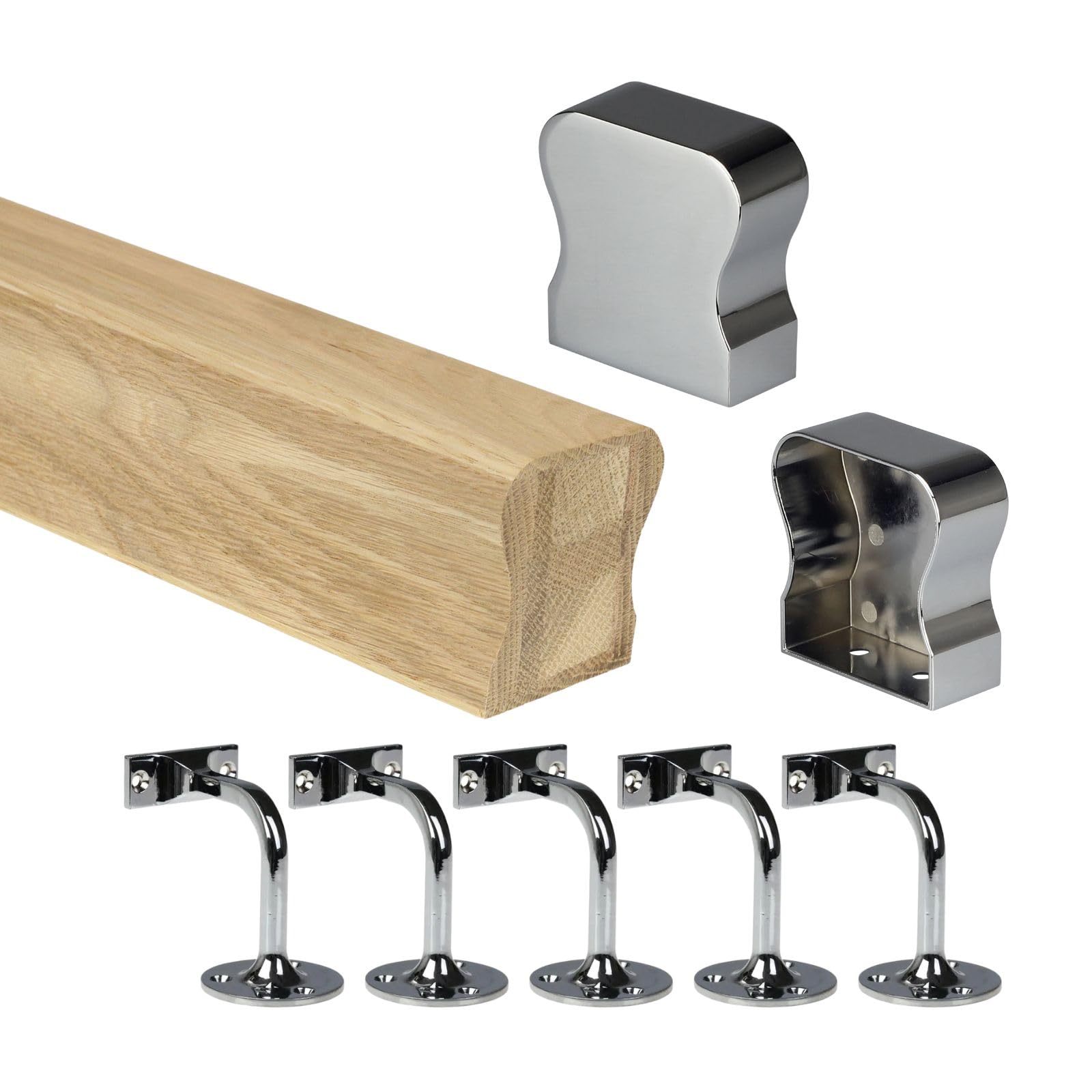 Oak HR Wall Mounted Handrail Kit Oak Handrail with End Caps & Wall Brackets - Chrome, Black, Nickel - 1800mm 2400mm 3600mm 4200mm Lengths (Chrome, 4200mm)