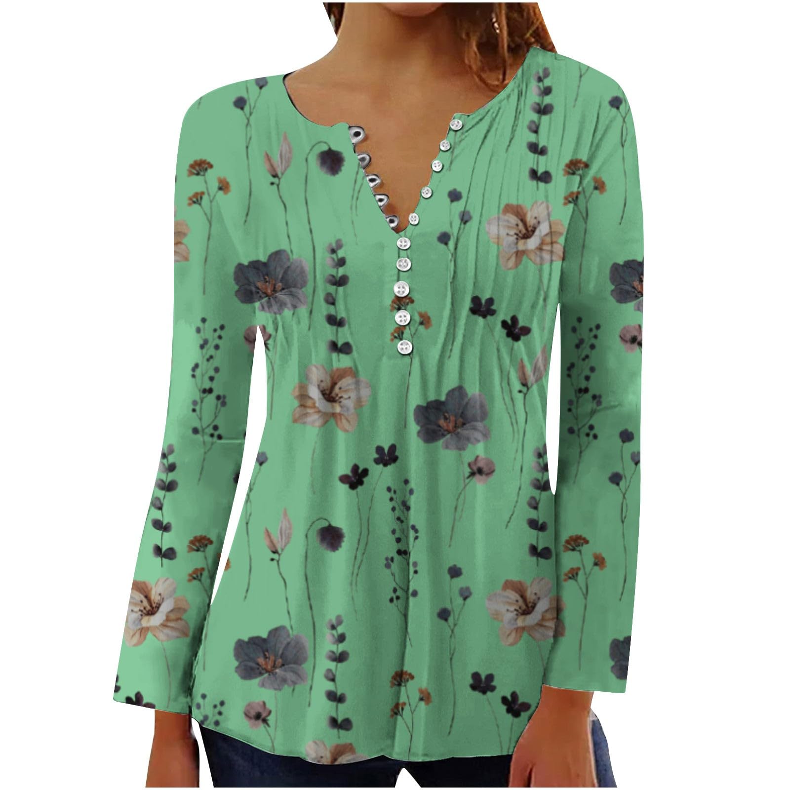 Women Long Sleeve Trendy V Neck Tops Shirts Flower Graphic Print Tee Shirt Vintage Fashion Loose Fit Tunic Blouses