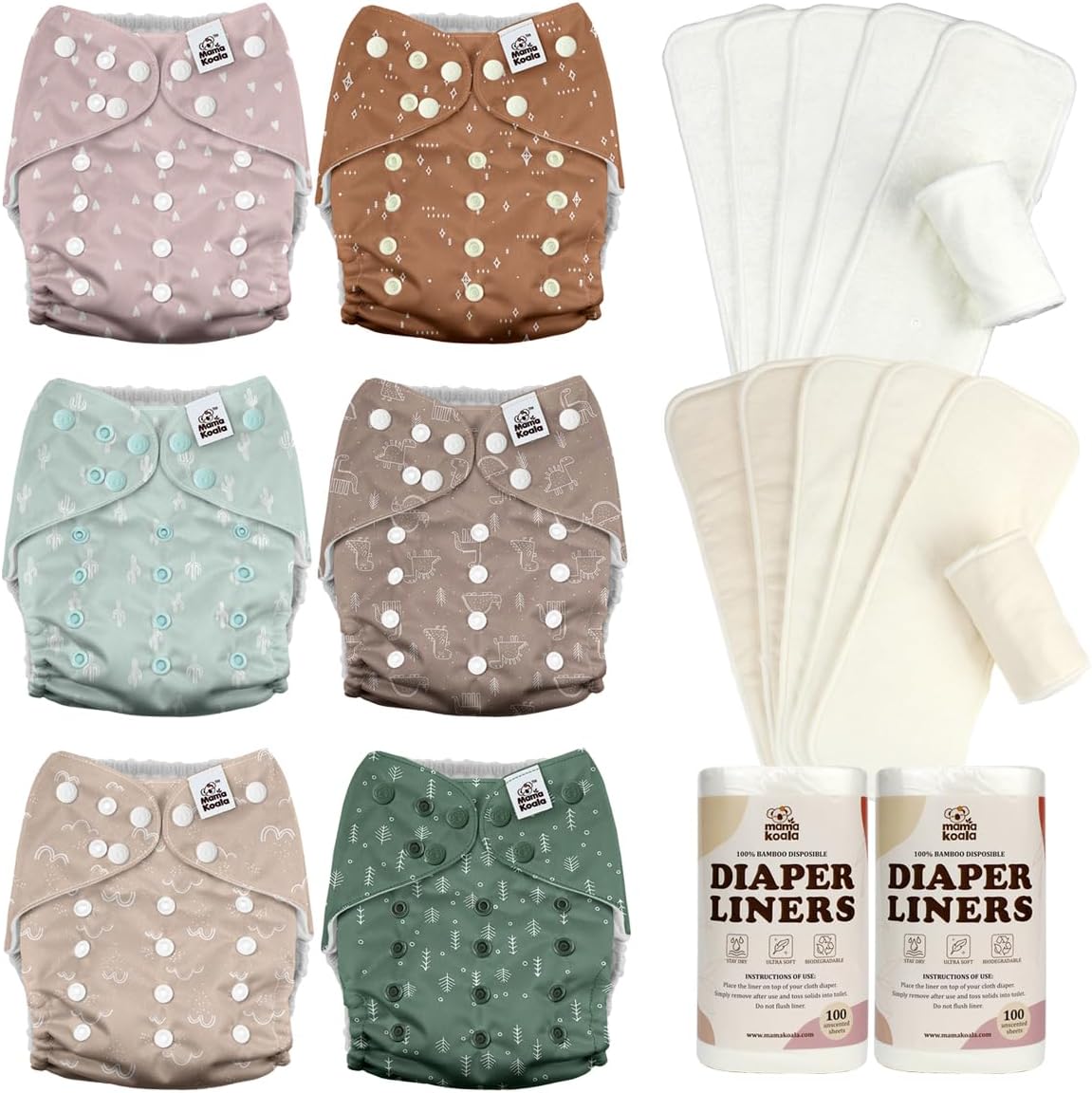 Mama Koala 3.0 Baby Cloth Diapers with 6 Inserts Bundle, with 6pcs 6-Layer Bboo Hemp Cotton Inserts, and 2 Rolls Natural Liners