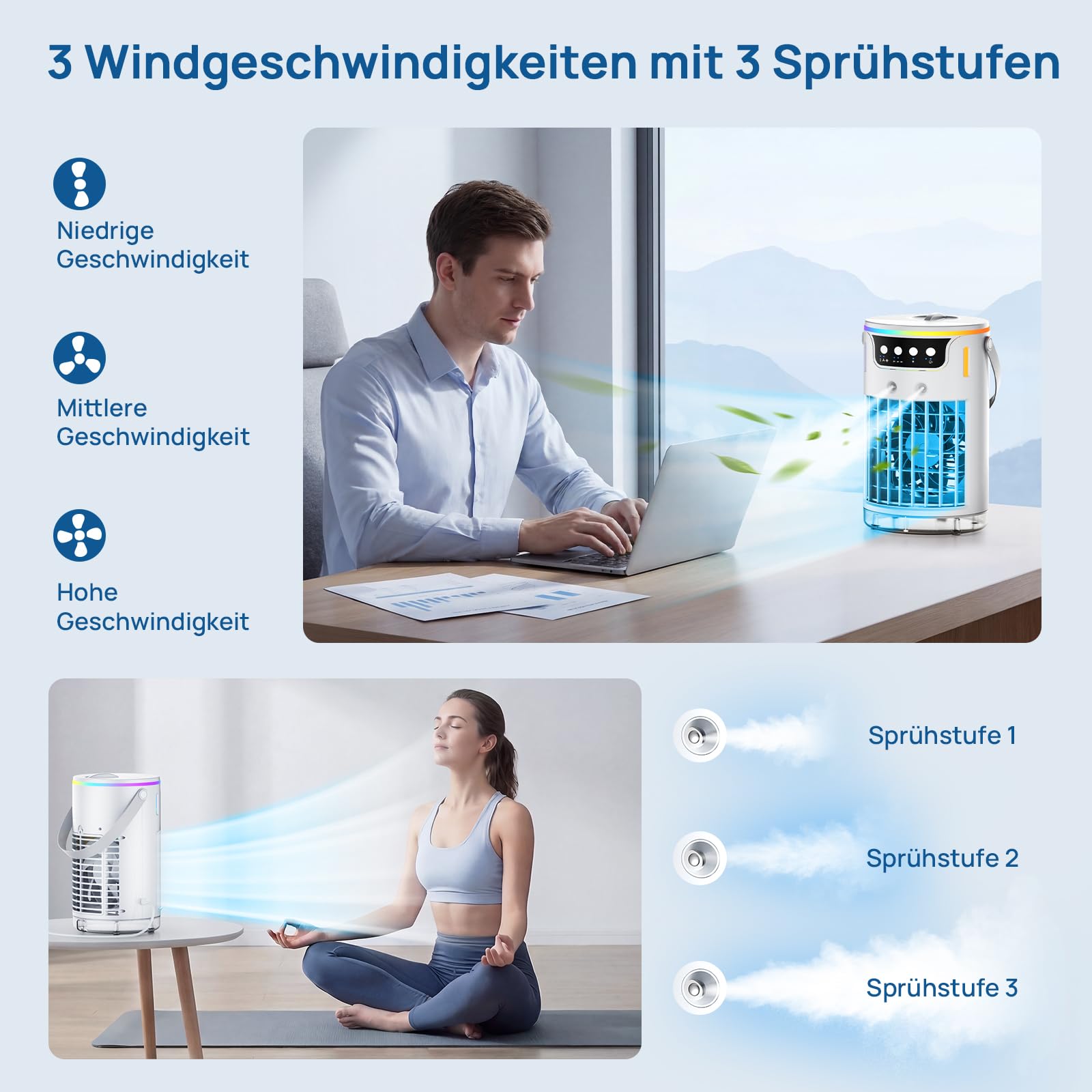 Mobile Klimaanlage, USB 4 In1 Mobile Klimagerät mit 3 Stufe Eis-Kühlnebel, Für Büro Zimmer und Schreibtisch, 1200 ML Tragbare Mini Luftkühler mit 2-8H Timer, 3 Geschwindigkeiten, 7 Farben Nachtlicht