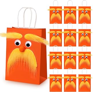 Maiteenly 12 Set Orange Paper Gift Bags with Mustache Stickers for Party | Self Adhesive Eyebrows Eyes Noses, Kraft Treat Supplies with Handle, Carnival Candy Goody Bag Bulk, Funny Halloween Bags