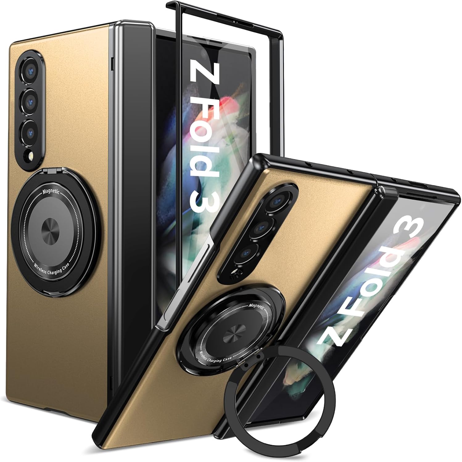 for Samsung Galaxy Z Fold 3 Case with Screen Protector, Hinge Protection Phone Case for Z Fold 3, with Mag-Safe, 360° Rotating Ring Holder, Hard PC Shockproof Full Body Protective Cover (Gold)